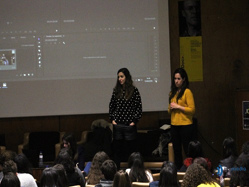 Mariana Silva e Ana Rita Sena durante o workshop. Créditos: Facebook 3ª Edição das Jornadas de Ciências da Comunicação
