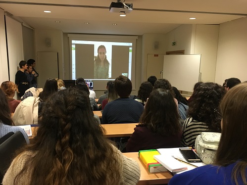 Ao fundo o testemunho, via Skype, de Bítia Vieira