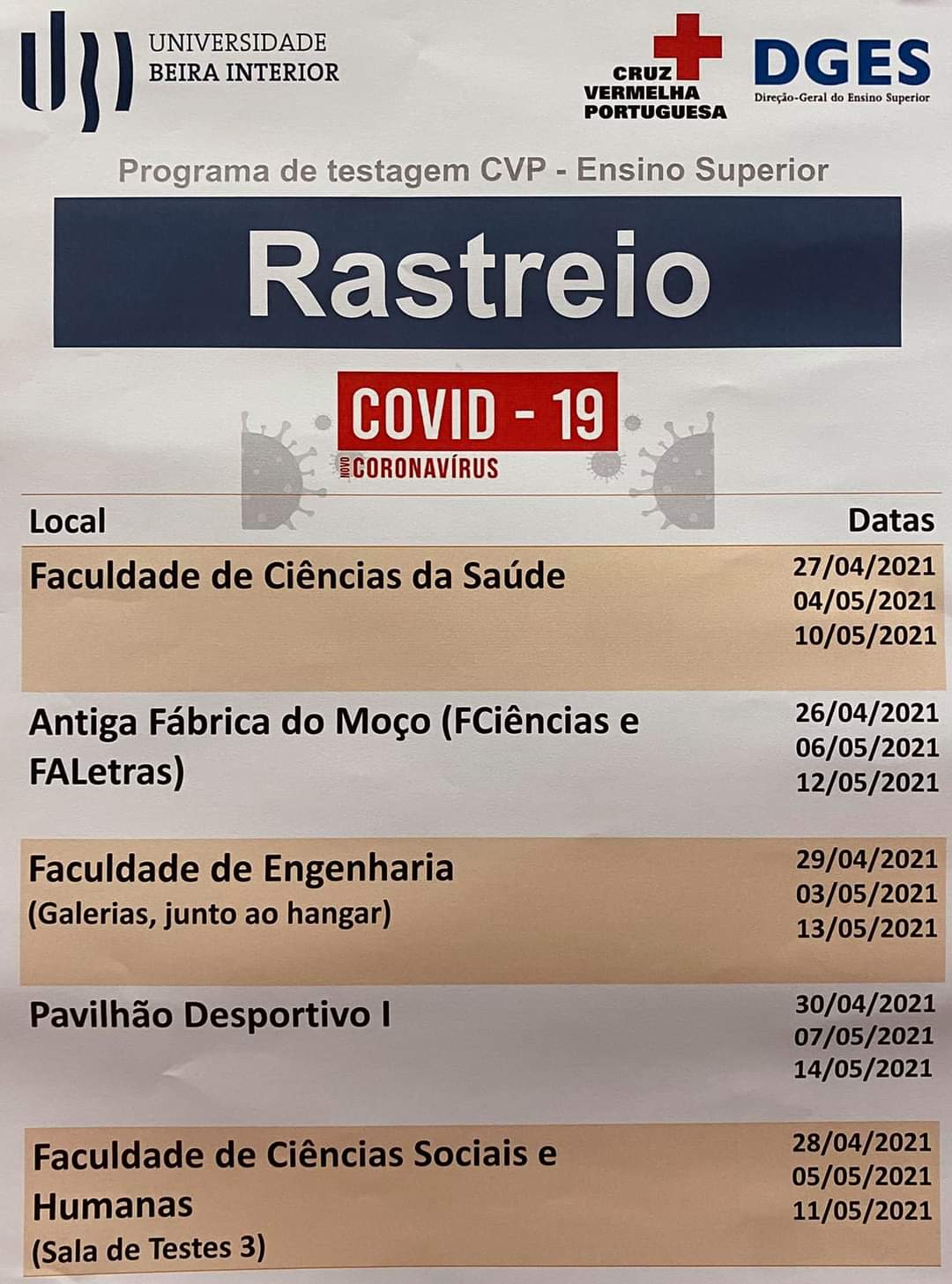 Cartaz informativo sobre os rastreios. fonte: UBI